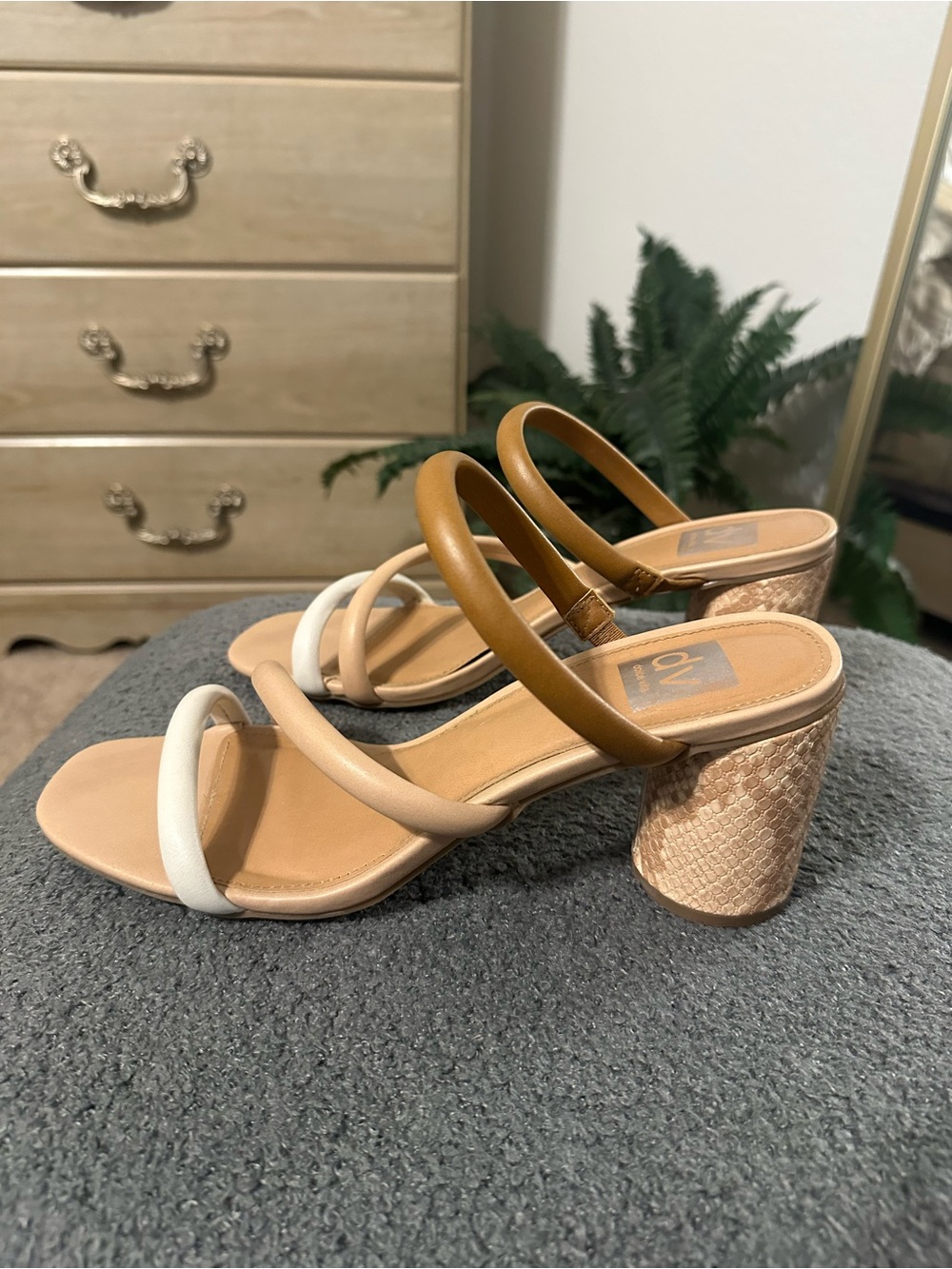 Dolce Vita Neutral Multi-Strap Block Heel Sandals in White, Cream, Tan